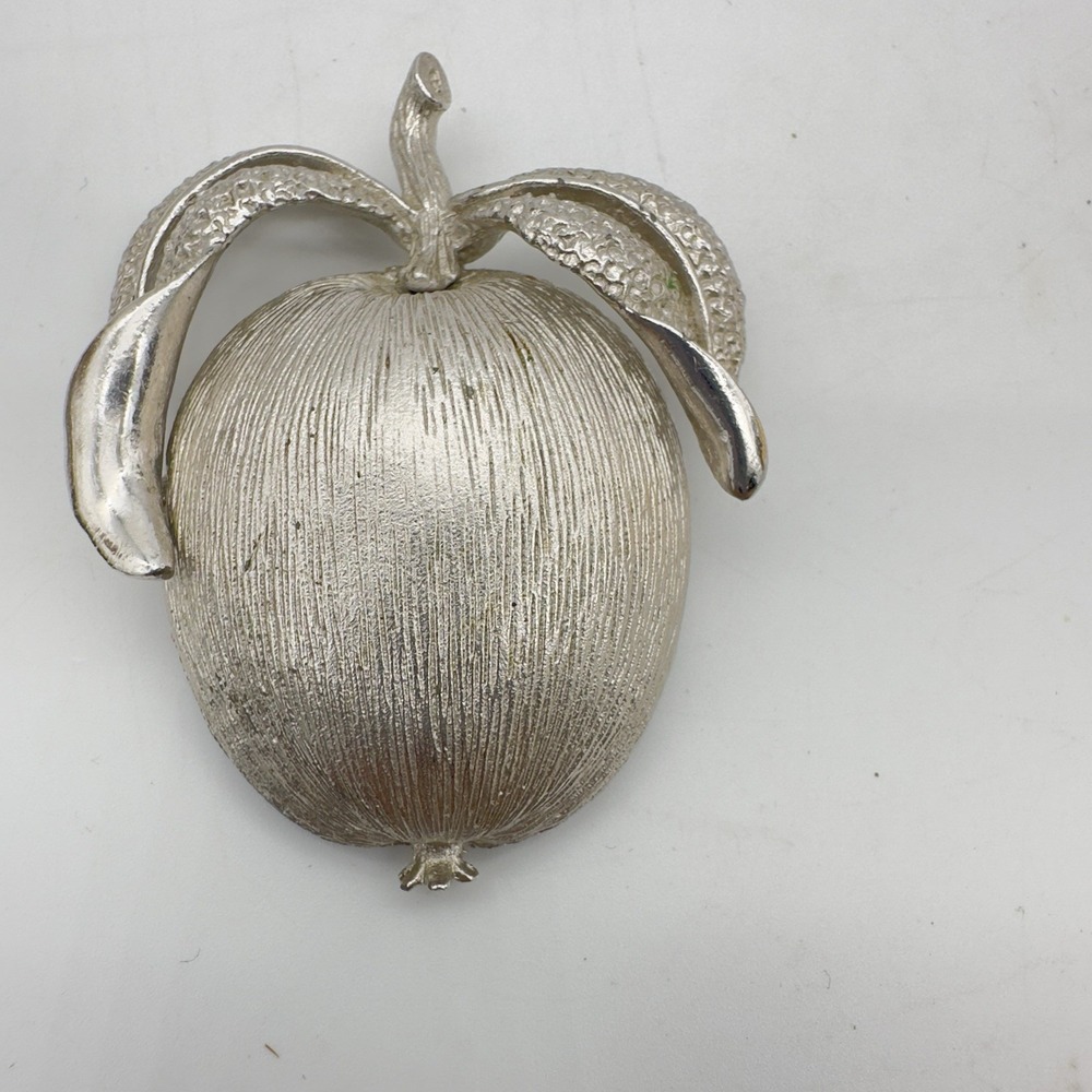 Vintage Sarah Coventry Apple Fruit Brooch Pin Pendant Large Brushed Silver Tone